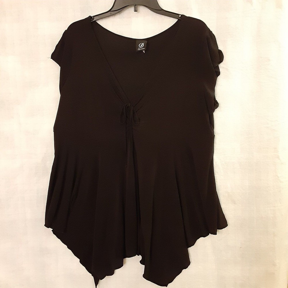 Dynamite Womens 2X Black Top Shark-Bite Hem Shirt Ruched Front Tie Tulip Sleeves